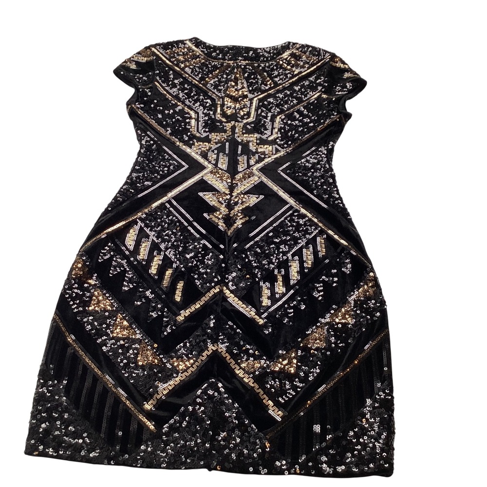 Express Womens Black Velvet Sequin Art Deco Mini‎ Dress Gold Silver XS XS/TP - Picture 6 of 9